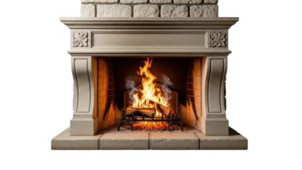 Cozy fireplace scene living room firewood warm ambiance indoor relaxation concept. Isolated on transparent background, png.