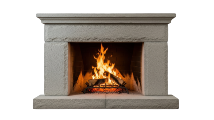 Cozy evening firewood burning modern living room fireplace display warm ambiance close-up view relaxation theme. Isolated on transparent background, png.