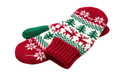 Festive red and green mittens winter wonderland product photography cozy home elevated view holiday vibe. Isolated on transparent background, png.
