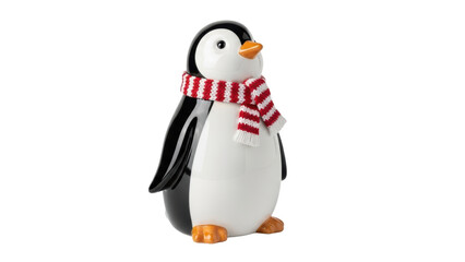 Fototapeta premium Charming penguin figurine with scarf home decor cute indoor close-up whimsical art. Isolated on transparent background, png.