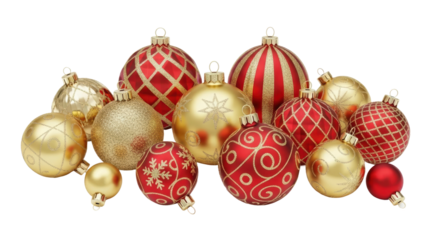 Christmas ornaments display festive holiday decor colorful balls studio setting cheerful vibe. Isolated on transparent background, png.