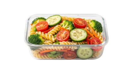 Fresh pasta salad with vegetables kitchen counter food photography bright natural light healthy eating concept. Isolated on transparent background, png.