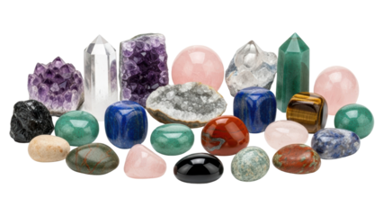 Crystals and gemstones collection natural minerals studio display bright lighting close-up view aesthetic appeal. Isolated on transparent background, png.
