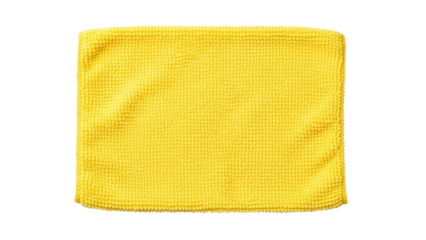 Vibrant yellow microfiber cleaning cloth home product photography indoor top view cleaning essentials. Isolated on transparent background, png.