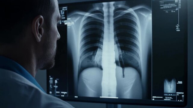 Male doctor from behind intently analyzing a patient's digital chest x-ray on a computer screen in a hospital setting for diagnosis