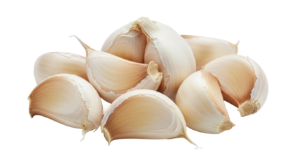Fresh garlic cloves harvesting farmstead food photography natural light close-up culinary uses. Isolated on transparent background, png.