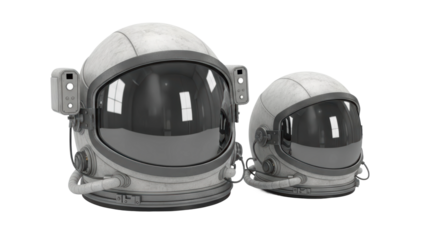 Astronaut helmets display space 3d models digital art close-up futuristic design. Isolated on transparent background, png.