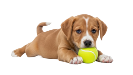 Playful puppy with tennis ball indoor setting animal photography cute environment close-up view joyful concept. Isolated on transparent background, png.