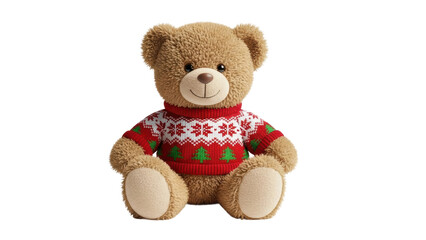 Obraz premium Holiday teddy bear in cozy sweater festive atmosphere plush toy photography indoor setting cheerful concept. Isolated on transparent background, png.
