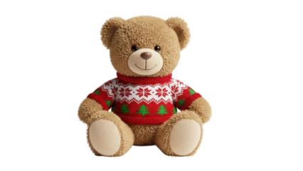 Holiday teddy bear in cozy sweater festive atmosphere plush toy photography indoor setting cheerful concept. Isolated on transparent background, png.