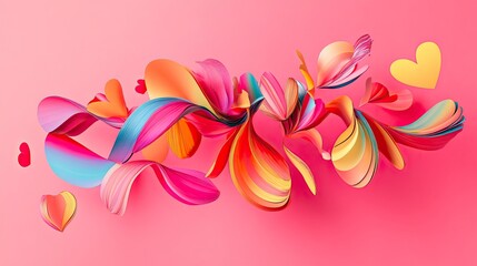 Abstract heart shapes in vibrant colors on a pastel pink background
