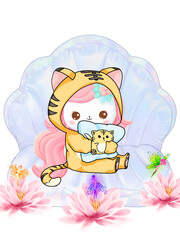 A cute pink-haired baby/girl character in an adorable tiger costume onesie, sitting comfortably on a giant pearl oyster shell. Hugging a small tiger pillow and surrounded by blooming pink lotus flower