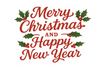 Merry christmas and happy new year calligraphic greeting with traditional holly leaves and red berries on transparent background