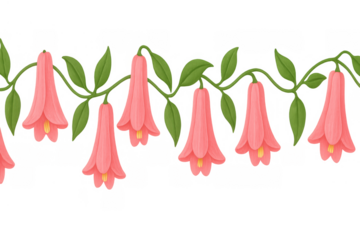 Chilean bellflower illustration forming a repetitive border with pink trumpet flowers and green leaves on a transparent background