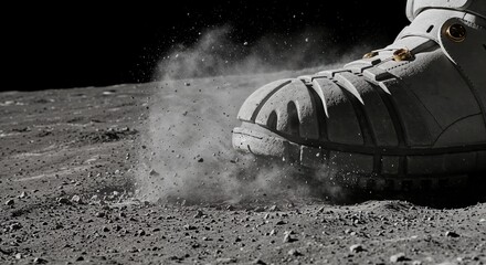 A close-up view of a rugged astronaut boot stepping onto a dusty lunar surface, kicking up fine grey particles under a deep black sky.