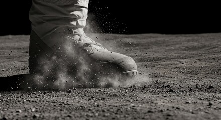 Obraz premium A rugged explorer's boot firmly plants on a desolate, granular lunar-like terrain, sending a cloud of fine dust and small rocks flying under intense, focused light.