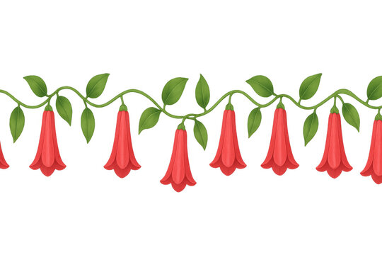 Copihue red bell flowers seamless border with green vine leaves, floral plant pattern on transparent background
