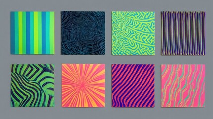 Obraz premium Eight vibrant square panels with contrasting colors like green, blue, yellow, pink, and purple,