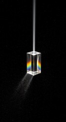 A focused beam of white light enters a transparent rectangular prism, dispersing into a vibrant rainbow spectrum before exiting as a diffused white light against a dark background.
