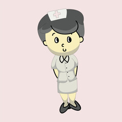 Cute nurse standing politely with hands behind her back, shy medical staff concept