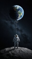 Fototapeta premium An astronaut stands on a desolate moon surface, tethered by a string to the Earth floating like a balloon in the vast, star-filled cosmos.