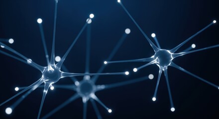 Abstract representation of interconnected neural network structures with glowing nodes against a deep blue background, symbolizing brain activity and complex communication.