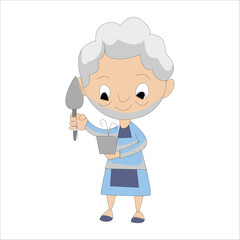 Obraz premium Cute elderly woman holding a gardening trowel and a small bucket, happy grandma gardening concept