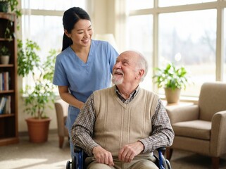 A friendly caregiver and a happy elderly man share a smile in a bright living room.