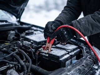 Man jump starting a car with a dead battery on a cold snowy winter day.