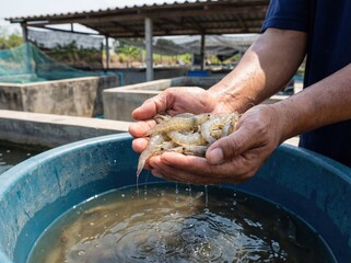 A farmer holds freshly harvested white shrimp from an aquaculture farm.