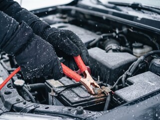 Person jump starting a car with jumper cables on a cold snowy day.