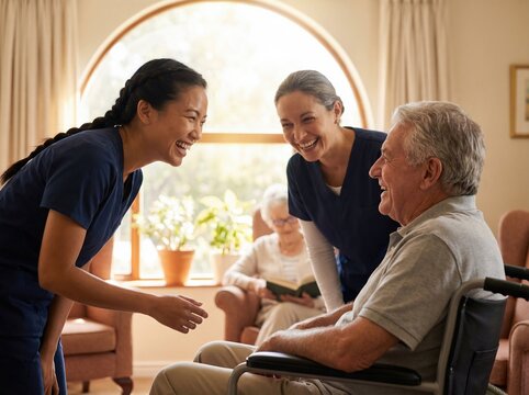 Two friendly nurses sharing a laugh with a senior man in a retirement home.