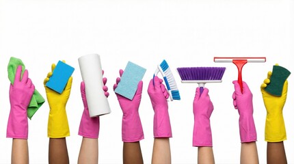 A diverse group of hands in colorful rubber gloves hold up cleaning supplies.