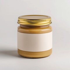 Jar of peanut butter with blank label, isolated clean mockup, rustic farm-to-table concept.