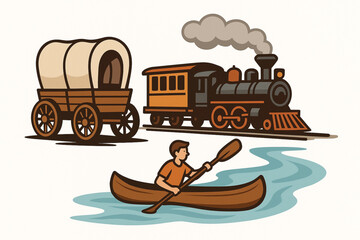 Cartoon illustration of historical transportation with wagon, steam locomotive, and canoe
