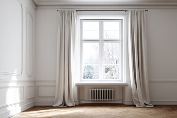 Fototapeta premium Elegant room with a large window, light curtains, and ornate wall paneling.