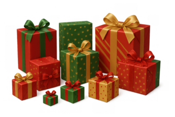 Group of colorful gift boxes wrapped in red, green, and gold paper with ribbons and bows, symbolizing celebration and giving