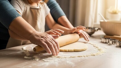 Hands rolling dough together in kitchen for baking activity with child, close-up view capturing family lifestyle and cooking concept