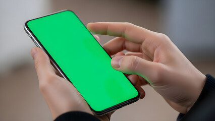 “Close-up view of a person holding a smartphone with a vivid green screen, highlighting touchscreen interaction, modern mobile technology, and the simple moment of navigating a blank digital display.”