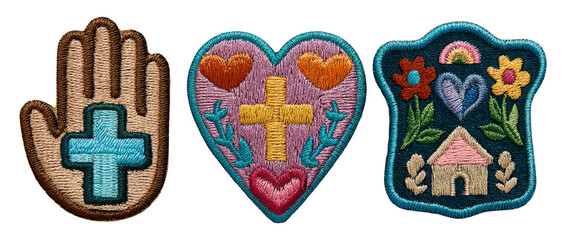 Colorful patches representing humanitarian aid and service in comforting designs