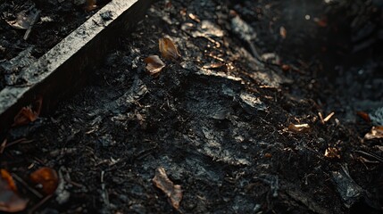 Close-up of dark, charred earth.  Sunlight highlights debris