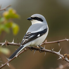 Northern shrike perched on a thorny branch against a softly blurred backdrop