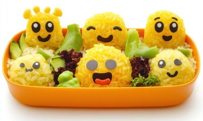 Playful shaped rice balls in bento box ready to eat