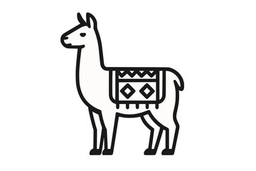 Naklejka premium Black and white line drawing of a Peruvian llama with geometric blanket