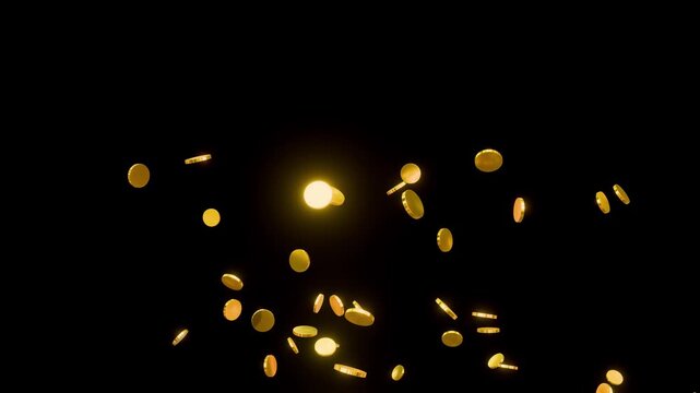 3D Gold Coin Explosion Effect Animation. Golden Coins Burst Particle Blast 3D. Gold Coin Explosion and Flying Coins Animation