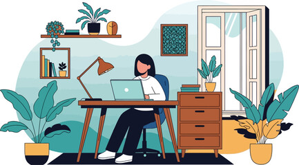 Digital Workspace: A modern woman in casual attire is absorbed in her work at a stylish wooden desk, surrounded by a calm office environment that brings together work and natural.