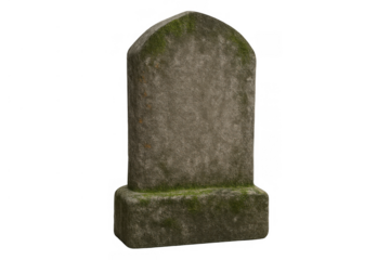Old stone tombstone showing moss growth, a symbol of death and loss standing on a transparent background
