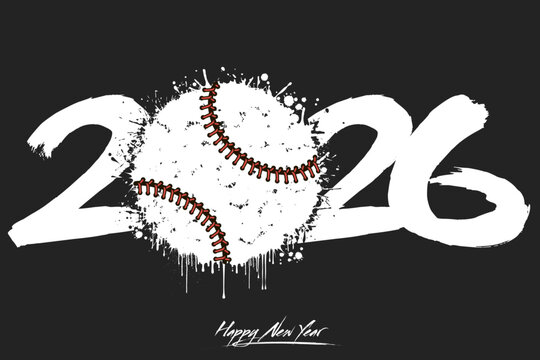Numbers 2026 and a abstract baseball ball made of blots in grunge style. Design text logo Happy New Year 2026. Template for greeting card, banner, poster. Vector illustration on isolated background