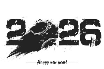 Numbers 2026 and flying abstract baseball ball made from blots with by milky way in grunge style. Happy New Year 2026. Design template for greeting card. Vector illustration on isolated background