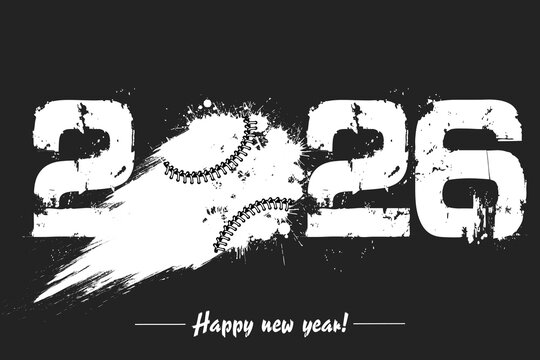Numbers 2026 and flying abstract baseball ball made from blots with by milky way in grunge style. Happy New Year 2026. Design template for greeting card. Vector illustration on isolated background